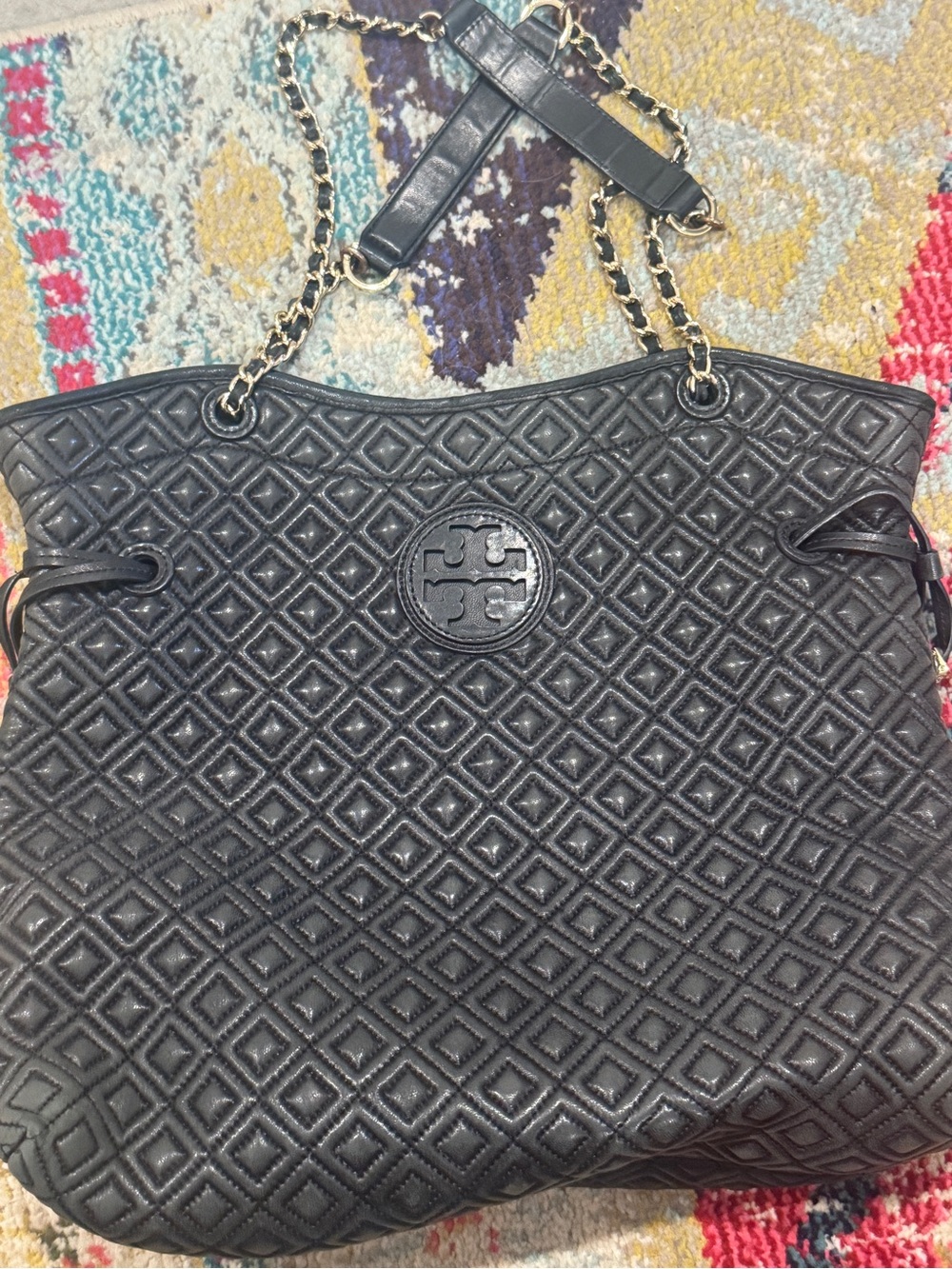 Tory Burch Black Quilted Logo Chain-Handle Tote